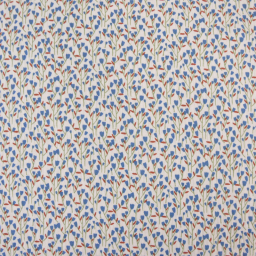 Tissu double gaze de coton Diletta motif fleurs bleues fond latté