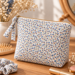 Tissu double gaze de coton Diletta motif fleurs bleues fond latté