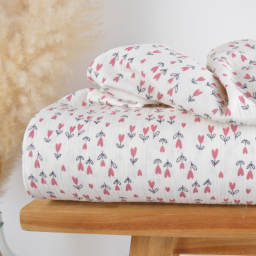 Tissu double gaze de coton Coudkeur motif fleurs coeurs fond blanc cassé