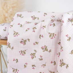 Tissu double gaze de coton Souella motif fleurs fond rose morganite