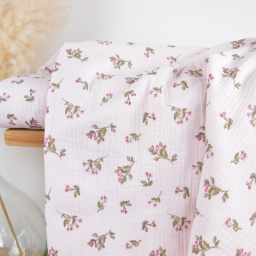 Tissu double gaze de coton Souella motif fleurs fond rose morganite