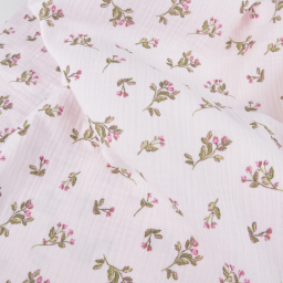 Tissu double gaze de coton Souella motif fleurs fond rose morganite