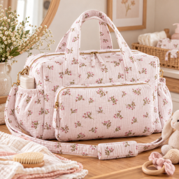Tissu double gaze de coton Souella motif fleurs fond rose morganite