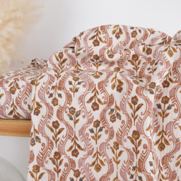 Tissu double gaze de coton Kandla motif fleurs camel fond latté