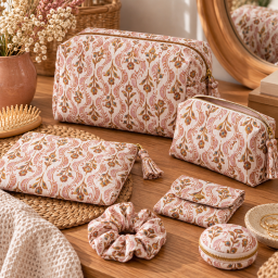 Tissu double gaze de coton Kandla motif fleurs camel fond latté
