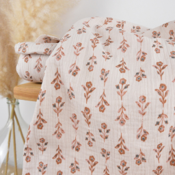 Tissu double gaze de coton Kandira motif fleurs camel fond latté