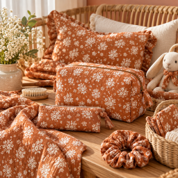 Tissu double gaze de coton Osma motif fleurs blanches fond écureuil