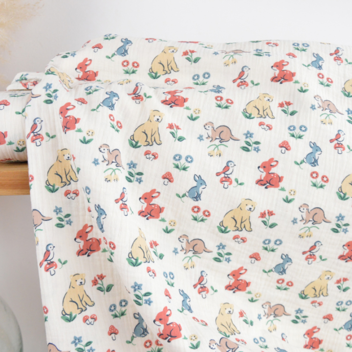 Tissu double gaze de coton Foresta motif animaux fond écru - OEKO TEX