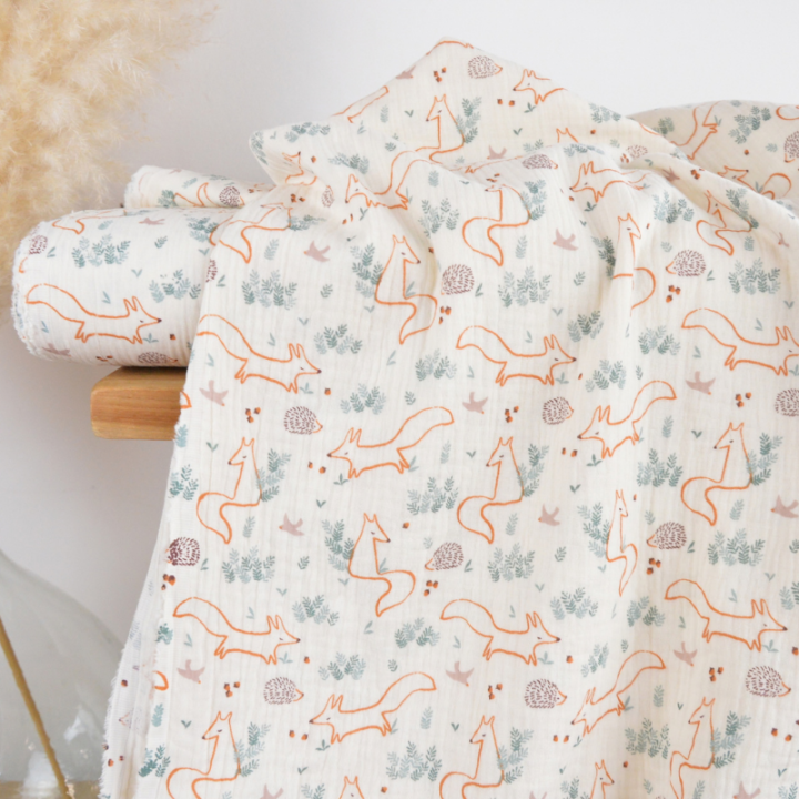 Tissu double gaze de coton Fox motif animaux fond écru - OEKO TEX