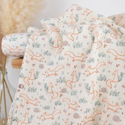 Tissu double gaze de coton Fox motif animaux fond écru - OEKO TEX