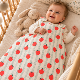 Tissu double gaze de coton Bigapple motif pommes fond écru - OEKO TEX