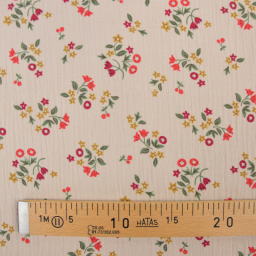 Tissu double gaze de coton Zinella motif fleurs rouges fond lin - OEKO TEX
