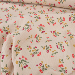 Tissu double gaze de coton Zinella motif fleurs rouges fond lin - OEKO TEX