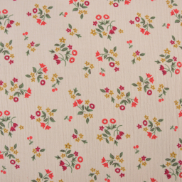 Tissu double gaze de coton Zinella motif fleurs rouges fond lin - OEKO TEX