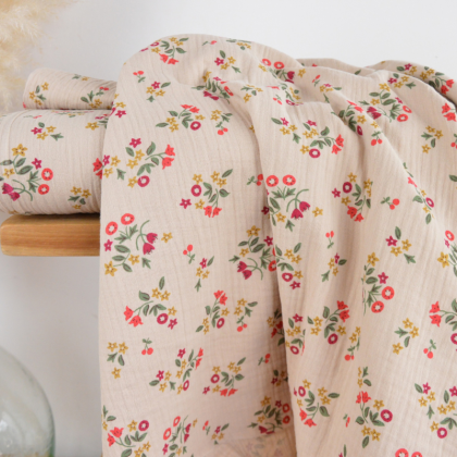Tissu double gaze de coton Ivina motif fleurs rouges fond lin
