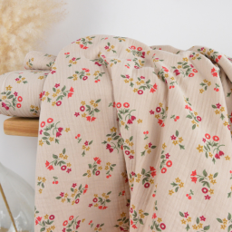 Tissu double gaze de coton Zinella motif fleurs rouges fond lin - OEKO TEX