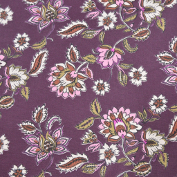 Tissu canva Daman type bachette motif fleurs fond aubergine - OKEO TEX