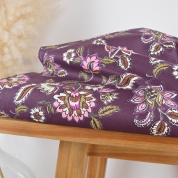 Tissu canva Daman type bachette motif fleurs fond aubergine - OKEO TEX