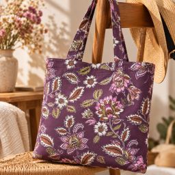 Tissu canva Daman type bachette motif fleurs fond aubergine - OKEO TEX