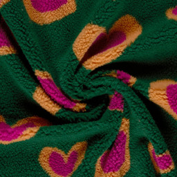 Tissu sherpa motif coeurs roses fond vert - OEKO TEX