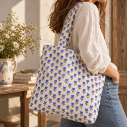 Tissu canva Latulipe type bachette motif fleurs bleues - OKEO TEX