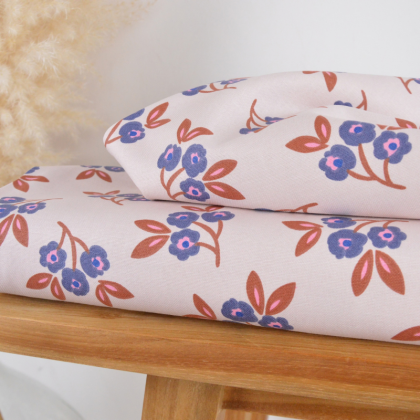 Tissu canva Macia type bachette motif fleurs bleues et caramel - OKEO TEX