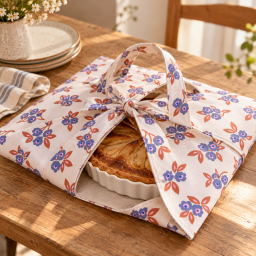 Tissu canva Macia type bachette motif fleurs bleues et caramel - OKEO TEX