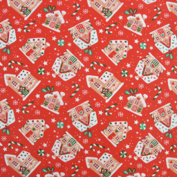Tissu cretonne coton de Noël Glaçage motif maisons fond rouges - Okeo tex
