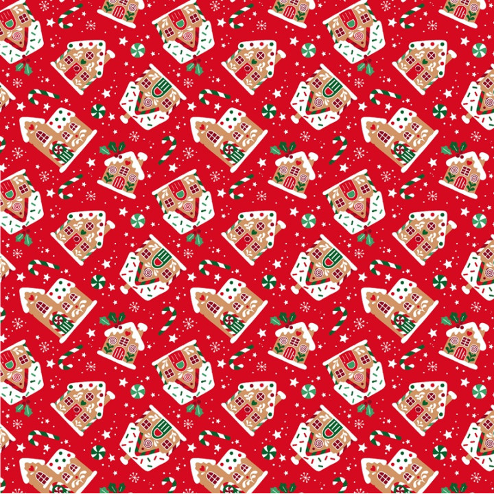 Tissu cretonne coton de Noël Glaçage motif maisons fond rouges - Okeo tex