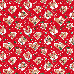Tissu cretonne coton de Noël Glaçage motif maisons fond rouges - Okeo tex