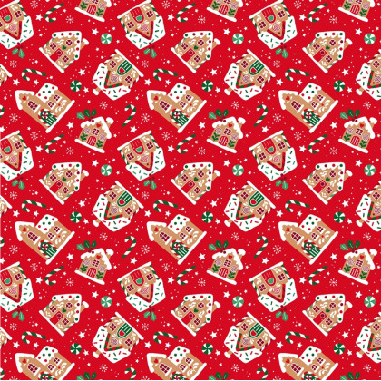 Tissu cretonne coton de Noël Glaçage motif maisons fond rouges - Okeo tex