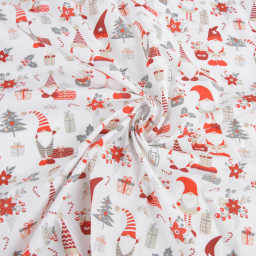Tissu cretonne coton de Noël motif lutins fond blanc - Okeo tex
