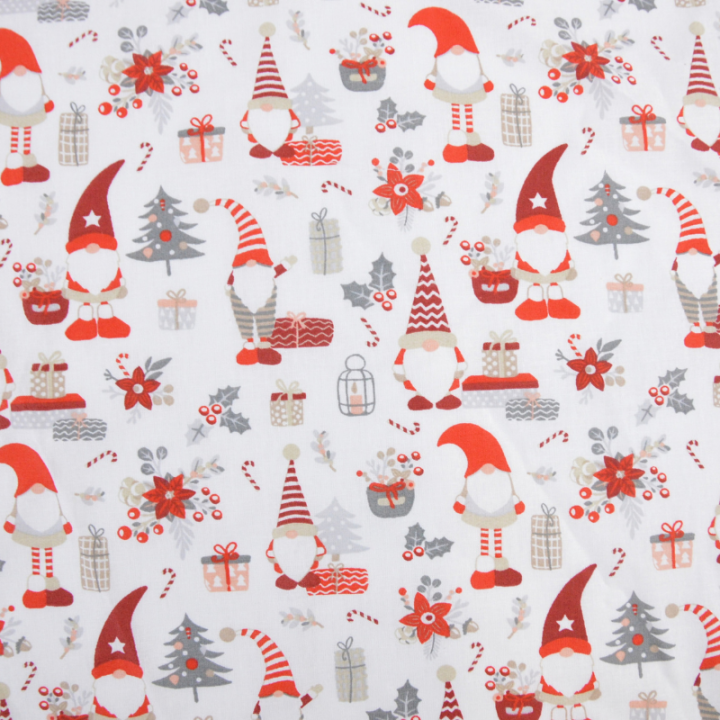Tissu cretonne coton de Noël motif lutins fond blanc - Okeo tex