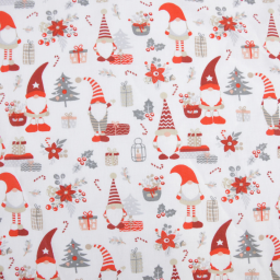 Tissu cretonne coton de Noël motif lutins fond blanc - Okeo tex