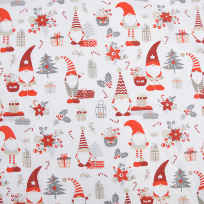 Tissu cretonne coton de Noël motif lutins fond blanc - Okeo tex