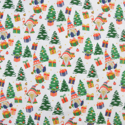 Tissu cretonne coton de Noël motif gnomes fond blanc - Okeo tex