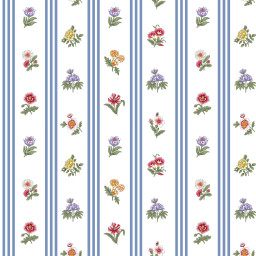 Tissu Borie en coton motif fleurs et rayures bleues fond blanc - OEKO TEX