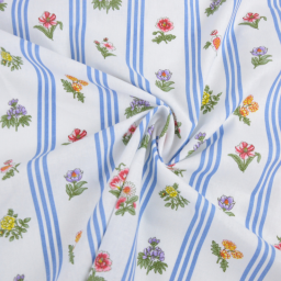 Tissu Borie en coton motif fleurs et rayures bleues fond blanc - OEKO TEX