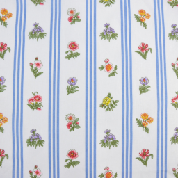 Tissu Borie en coton motif fleurs et rayures bleues fond blanc - OEKO TEX
