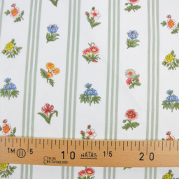 Tissu Borie en coton motif fleurs et rayures amande fond blanc - OEKO TEX