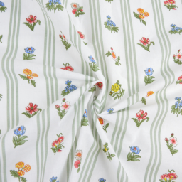 Tissu Borie en coton motif fleurs et rayures amande fond blanc - OEKO TEX