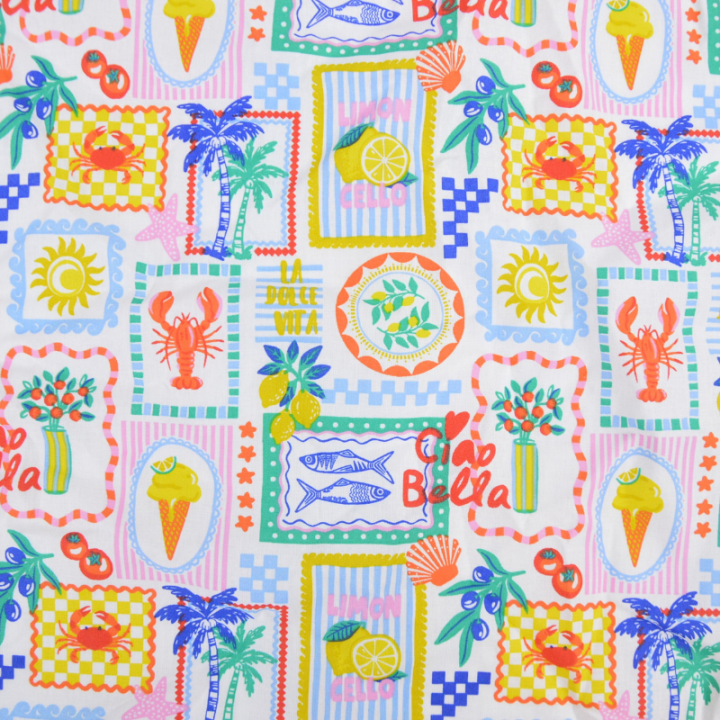 Tissu cretonne coton Ciao motifs Italie et Dolce Vita