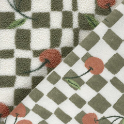 Tissu sherpa à carreaux verts et écrus motif cerises - OEKO TEX