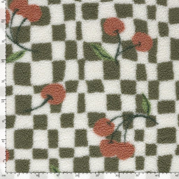 Tissu sherpa à carreaux verts et écrus motif cerises - OEKO TEX