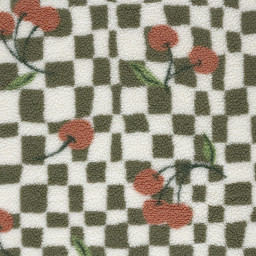 Tissu sherpa à carreaux verts et écrus motif cerises - OEKO TEX