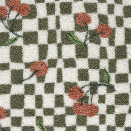 Tissu sherpa à carreaux verts et écrus motif cerises - OEKO TEX