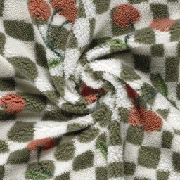 Tissu sherpa à carreaux verts et écrus motif cerises - OEKO TEX