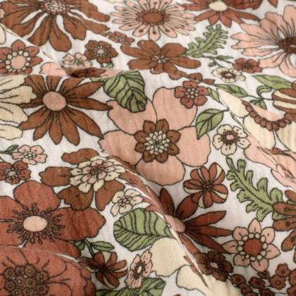 Tissu double gaze Marie motif fleurs fond blanc cassé - OEKO TEX