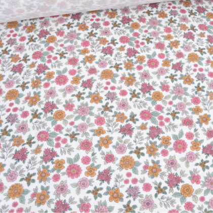 Double gaze marion motifs fleurs roses fond blanc - exclusivité made in tissus