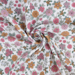 Double gaze marion motifs fleurs roses fond blanc - exclusivité made in tissus